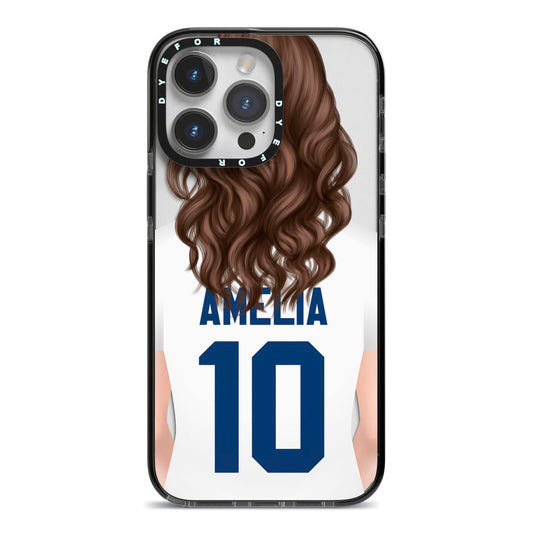 Womens Footballer Personalised iPhone 14 Pro Max Black Impact Case on Silver phone