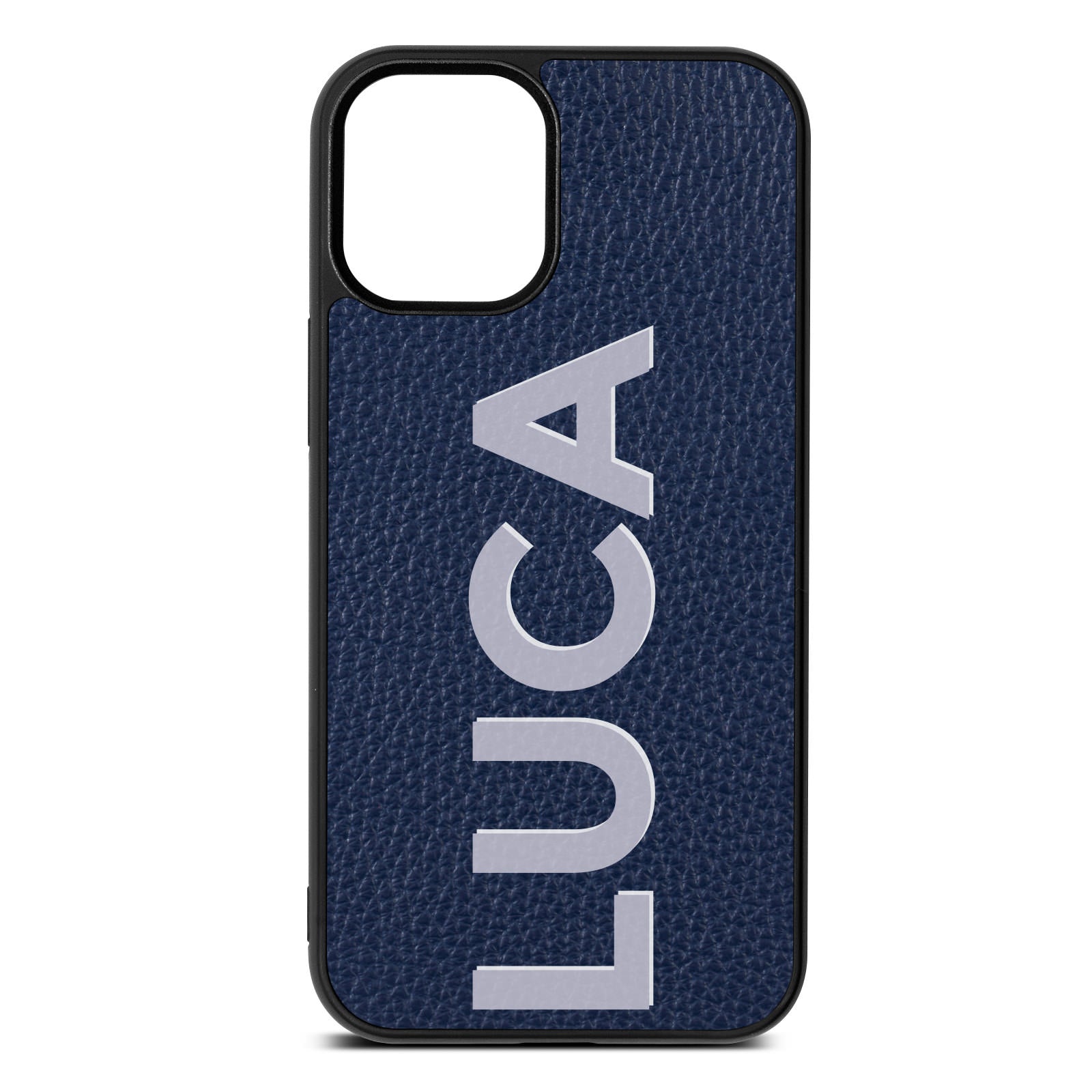 Personalised Navy Blue Pebble Leather Shadow Text iPhone Case