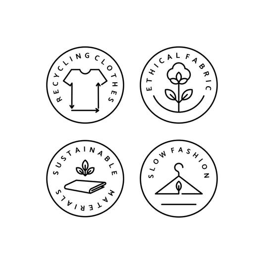 4 icons featuring “recycling clothes,” “ethical fabric,” “sustainable materials,” and “slow fashion” encircled with corresponding images.