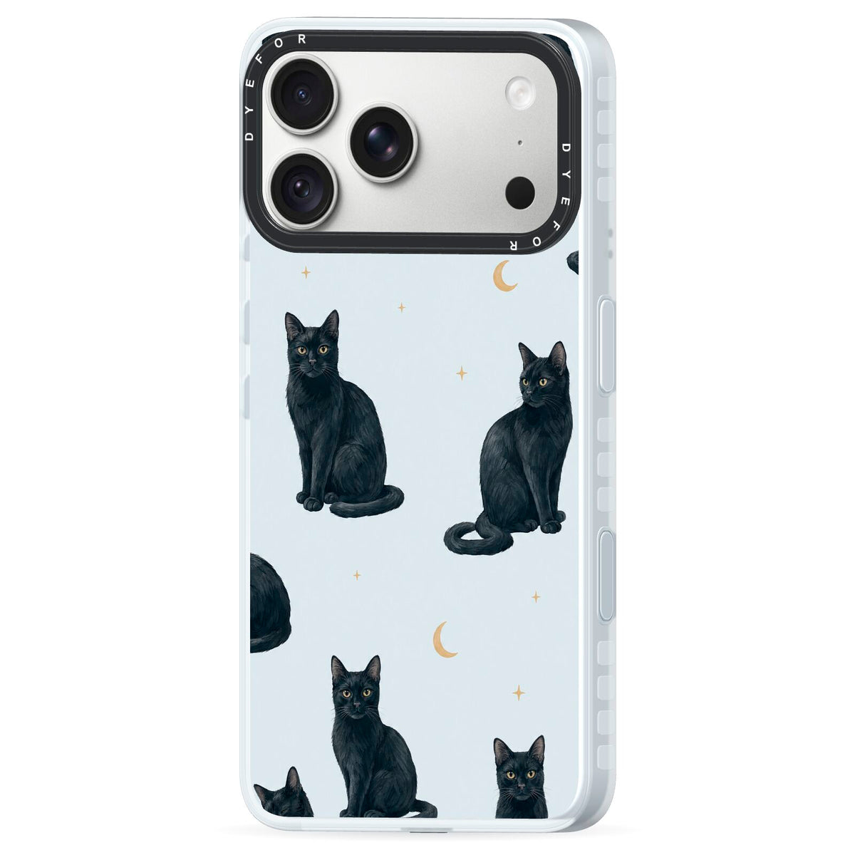 Moonlit Mews iPhone 18 Pro Max Black Impact Pre order Case Side Angle on Silver phone