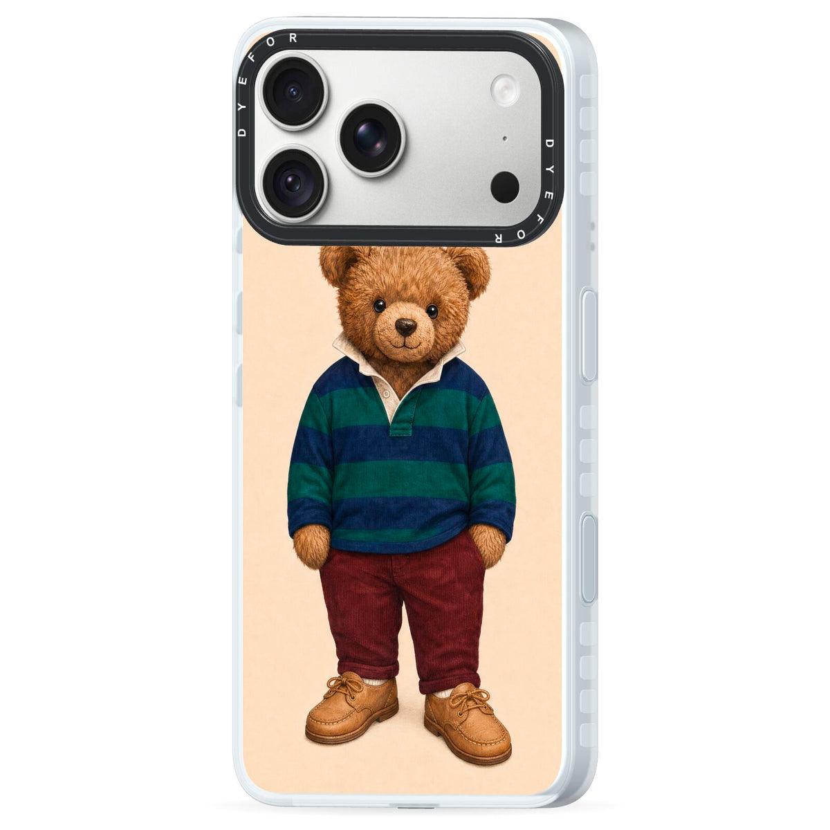 Clubhouse Teddy iPhone 18 Pro Max Black Impact Pre order Case Side Angle on Silver phone