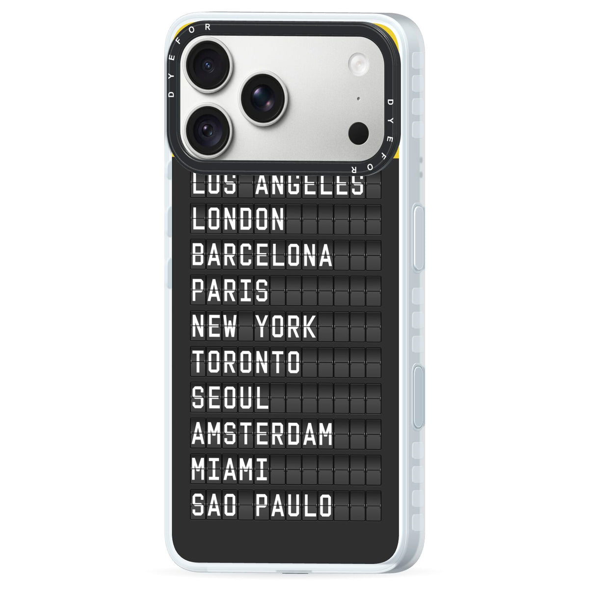 Airport Arrivals Board iPhone 18 Pro Black Impact Pre order Case Side Angle on Silver phone