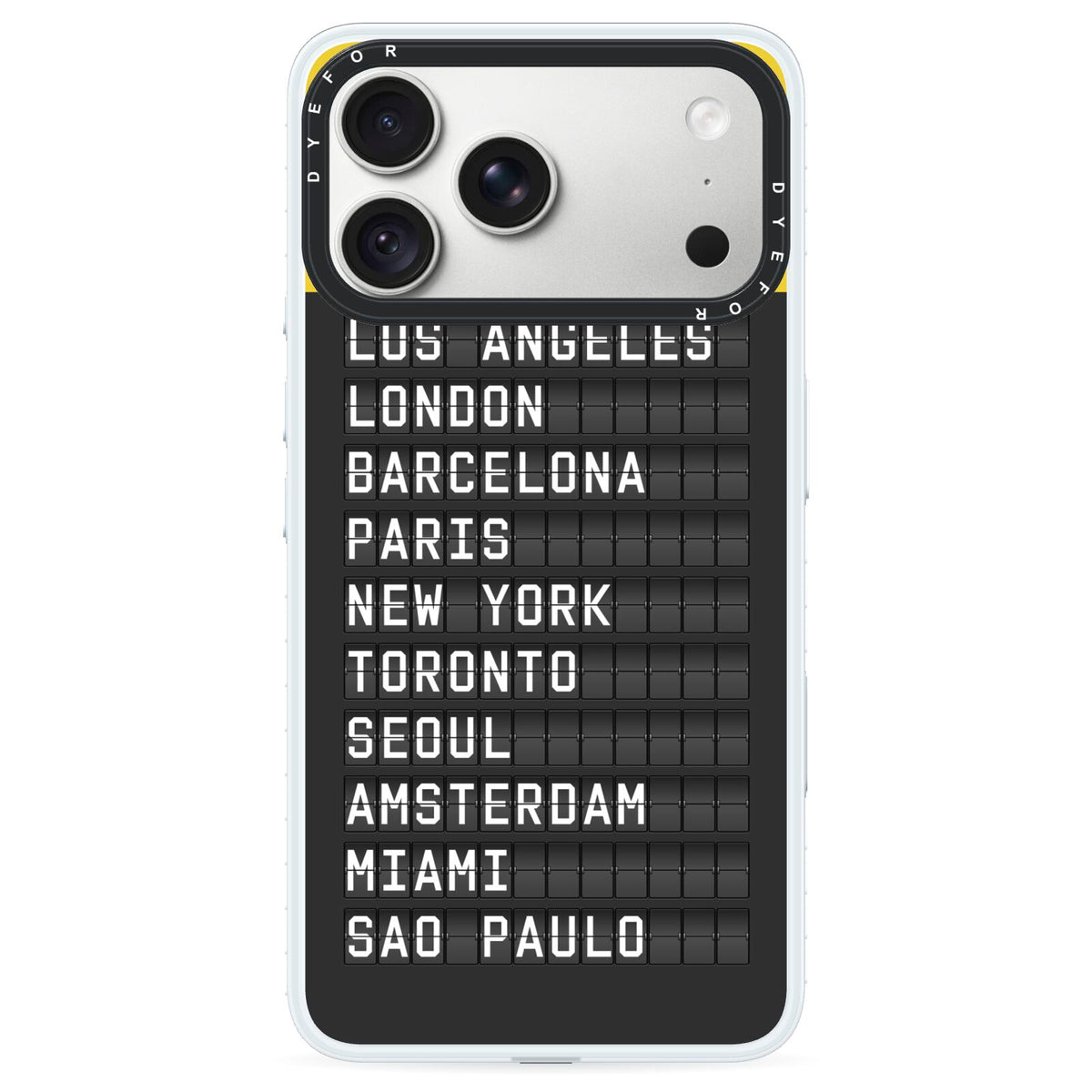 Airport Arrivals Board iPhone 18 Pro Black Impact Pre order Case on Silver phone