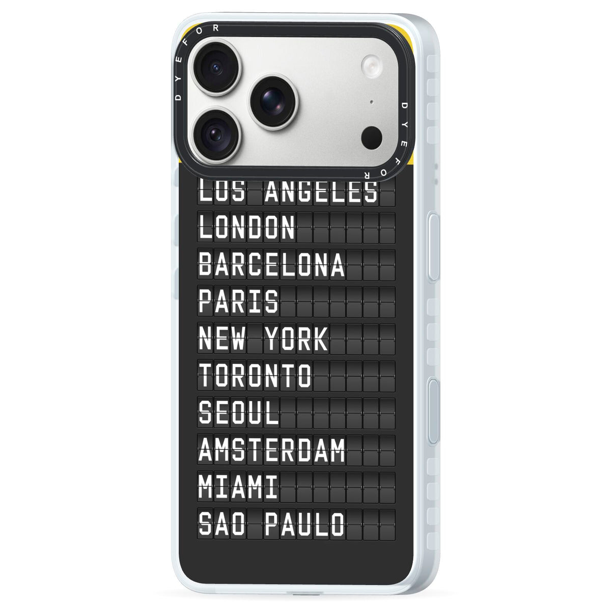 Airport Arrivals Board iPhone 18 Pro Max Black Impact Pre order Case Side Angle on Silver phone
