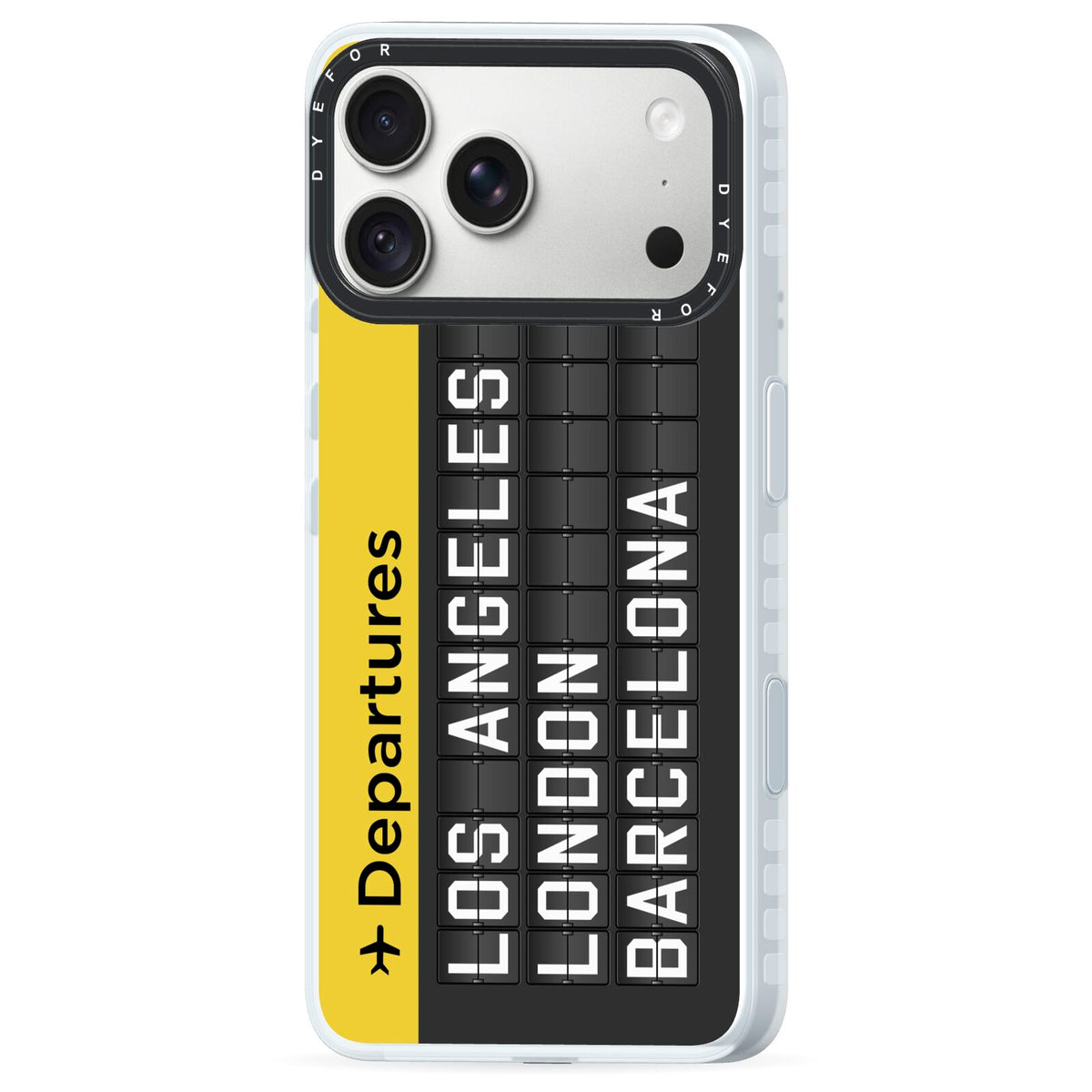 Airport Departures Board iPhone 18 Pro Black Impact Pre order Case Side Angle on Silver phone