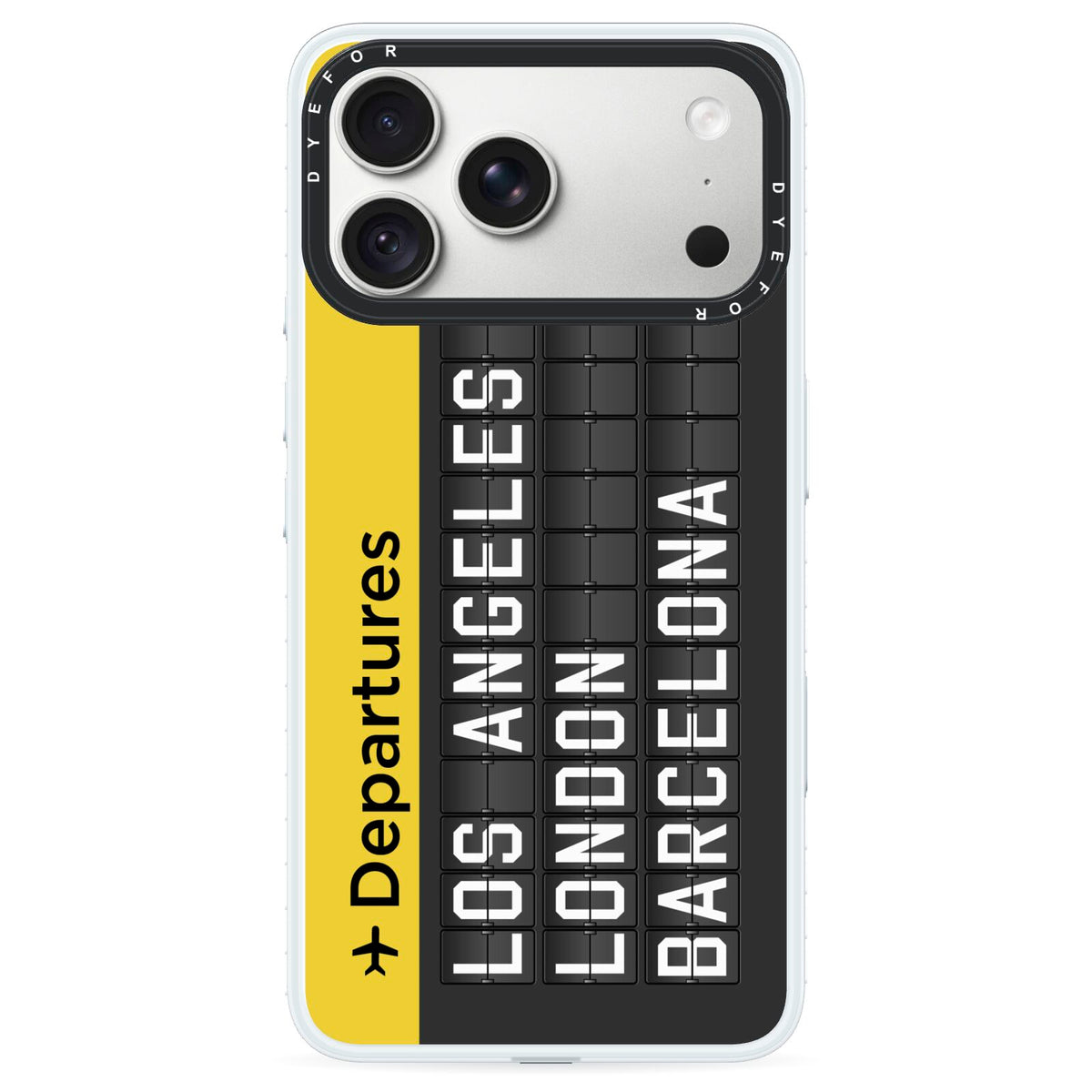 Airport Departures Board iPhone 18 Pro Black Impact Pre order Case on Silver phone