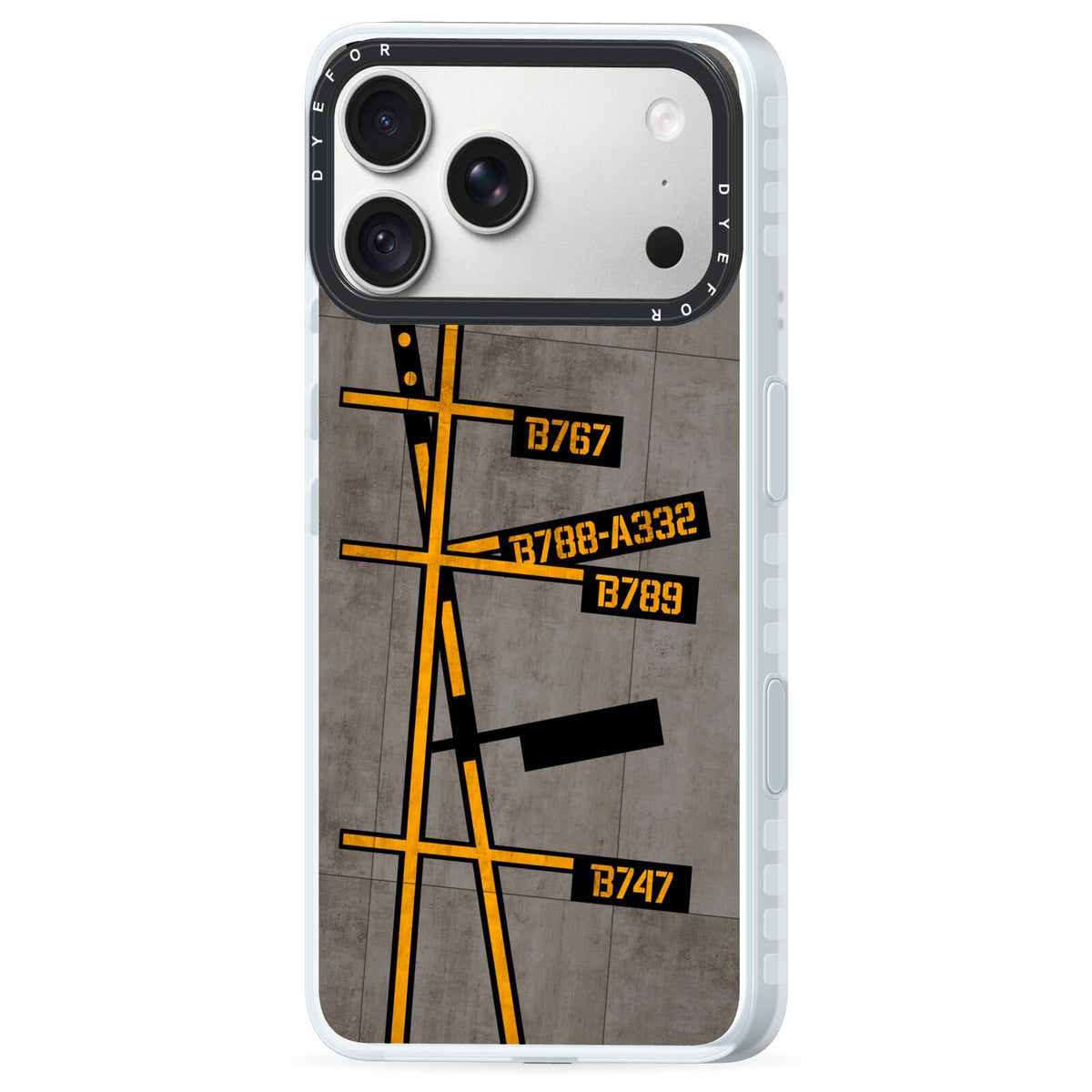 Airport Parking Markings iPhone 18 Pro Black Impact Pre order Case Side Angle on Silver phone