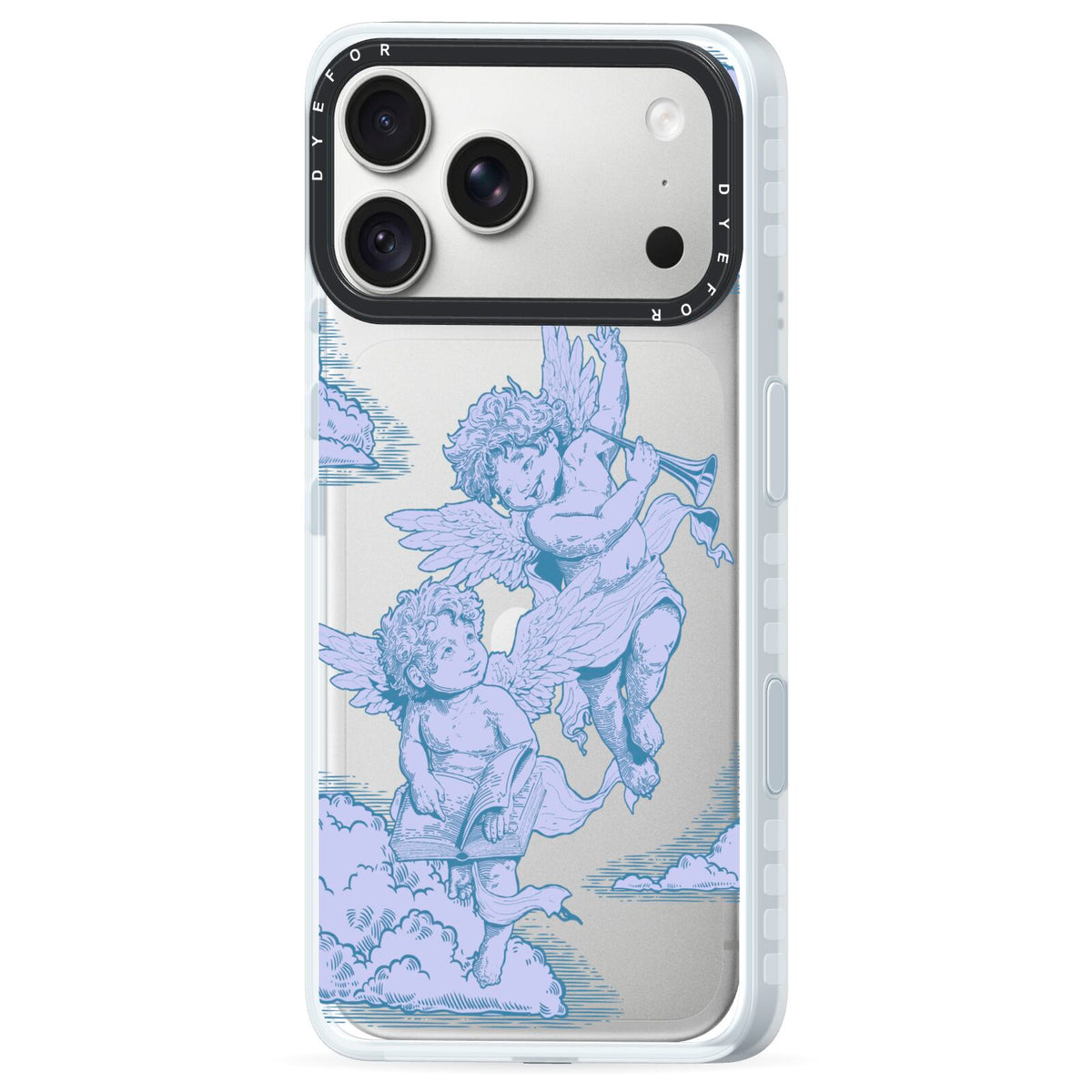 Angel Cloud Blue iPhone 18 Pro Black Impact Pre order Case Side Angle on Silver phone