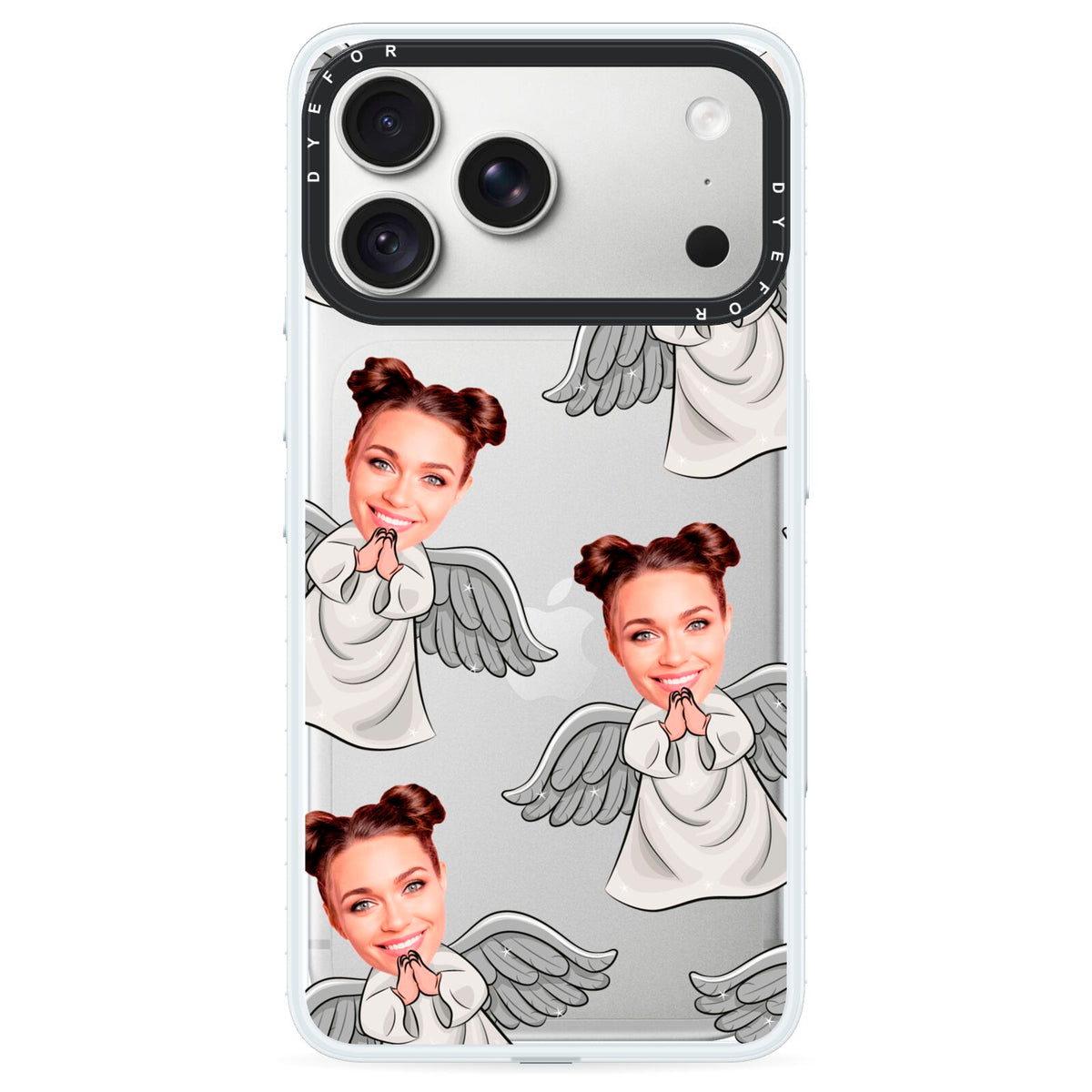 Angel Photo Face iPhone 18 Pro Black Impact Pre order Case on Silver phone