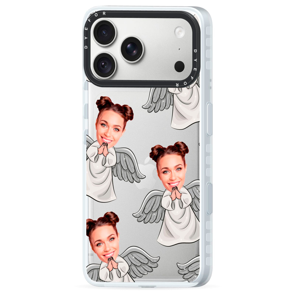 Angel Photo Face iPhone 18 Pro Max Black Impact Pre order Case Side Angle on Silver phone