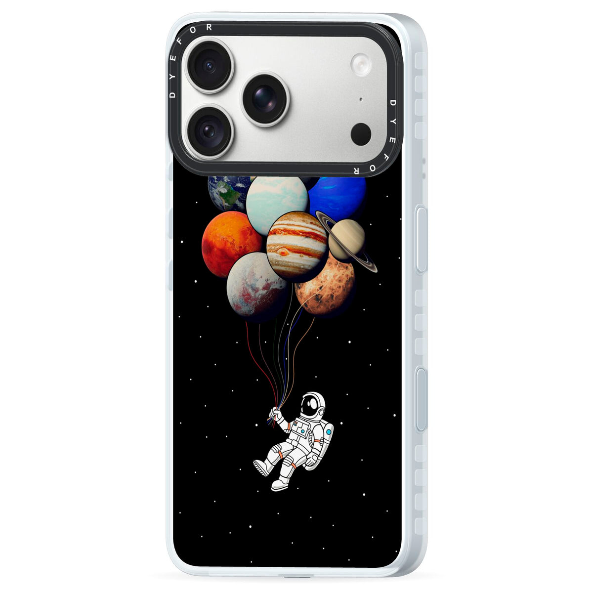 Astronaut Planet Balloons iPhone 18 Pro Black Impact Pre order Case Side Angle on Silver phone