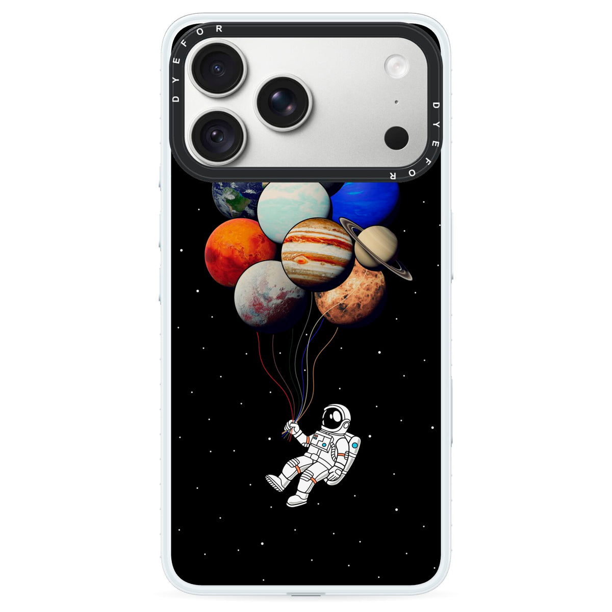 Astronaut Planet Balloons iPhone 18 Pro Black Impact Pre order Case on Silver phone