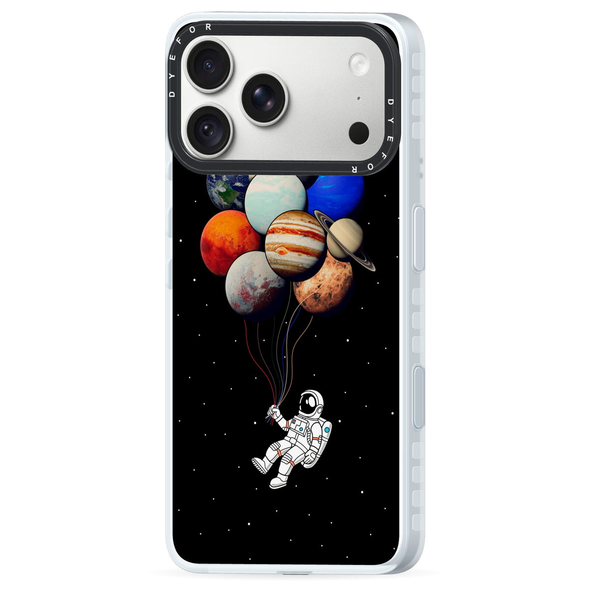 Astronaut Planet Balloons iPhone 18 Pro Max Black Impact Pre order Case Side Angle on Silver phone