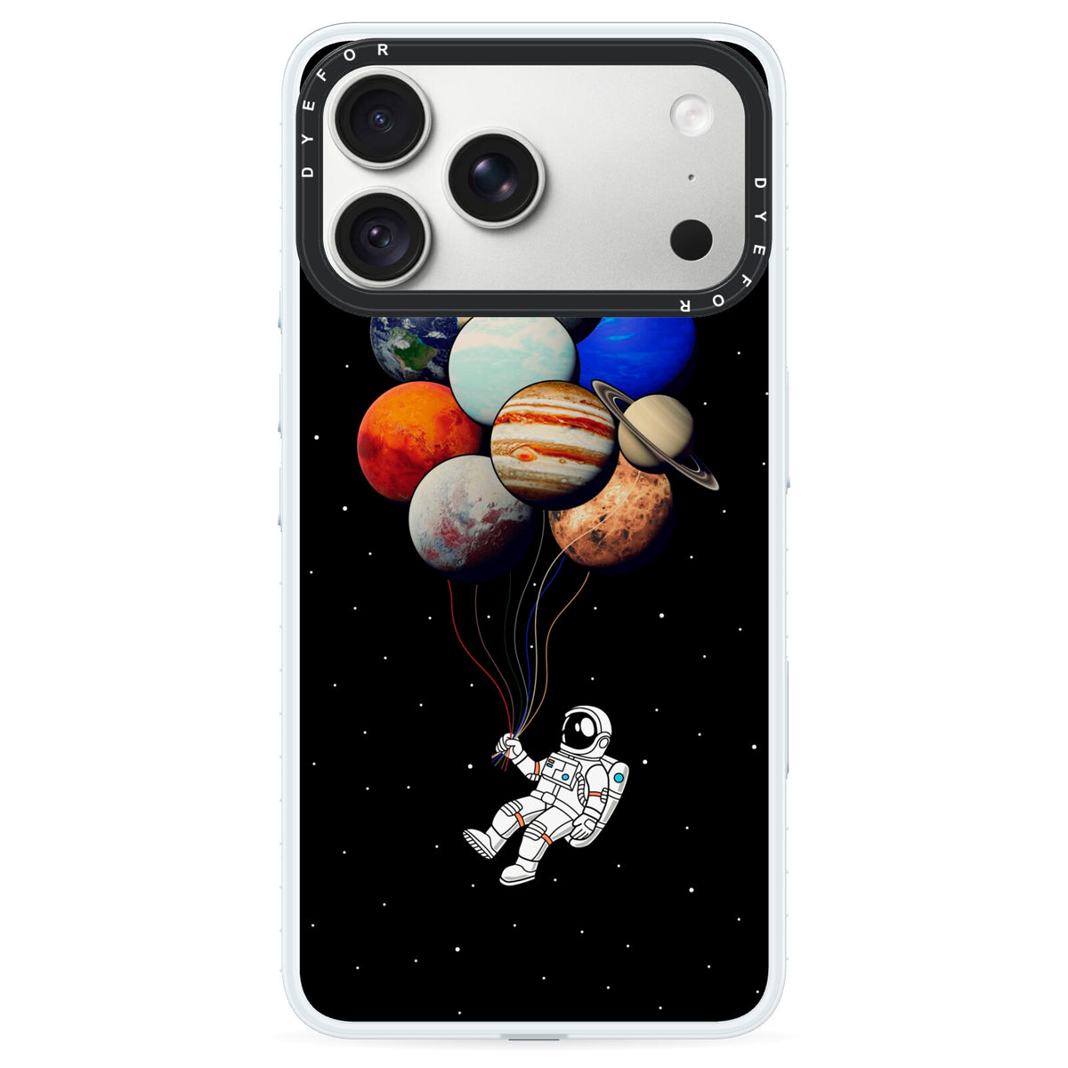 Astronaut Planet Balloons iPhone 18 Pro Max Black Impact Pre order Case on Silver phone