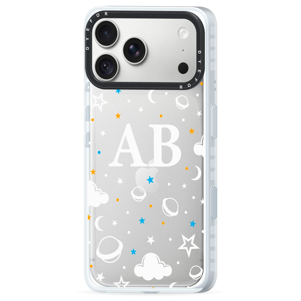 Astronomical Initials iPhone 18 Pro Black Impact Pre order Case Side Angle on Silver phone