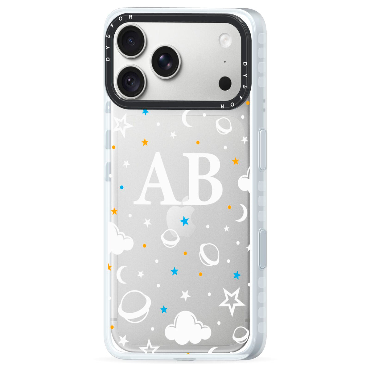 Astronomical Initials iPhone 18 Pro Max Black Impact Pre order Case Side Angle on Silver phone