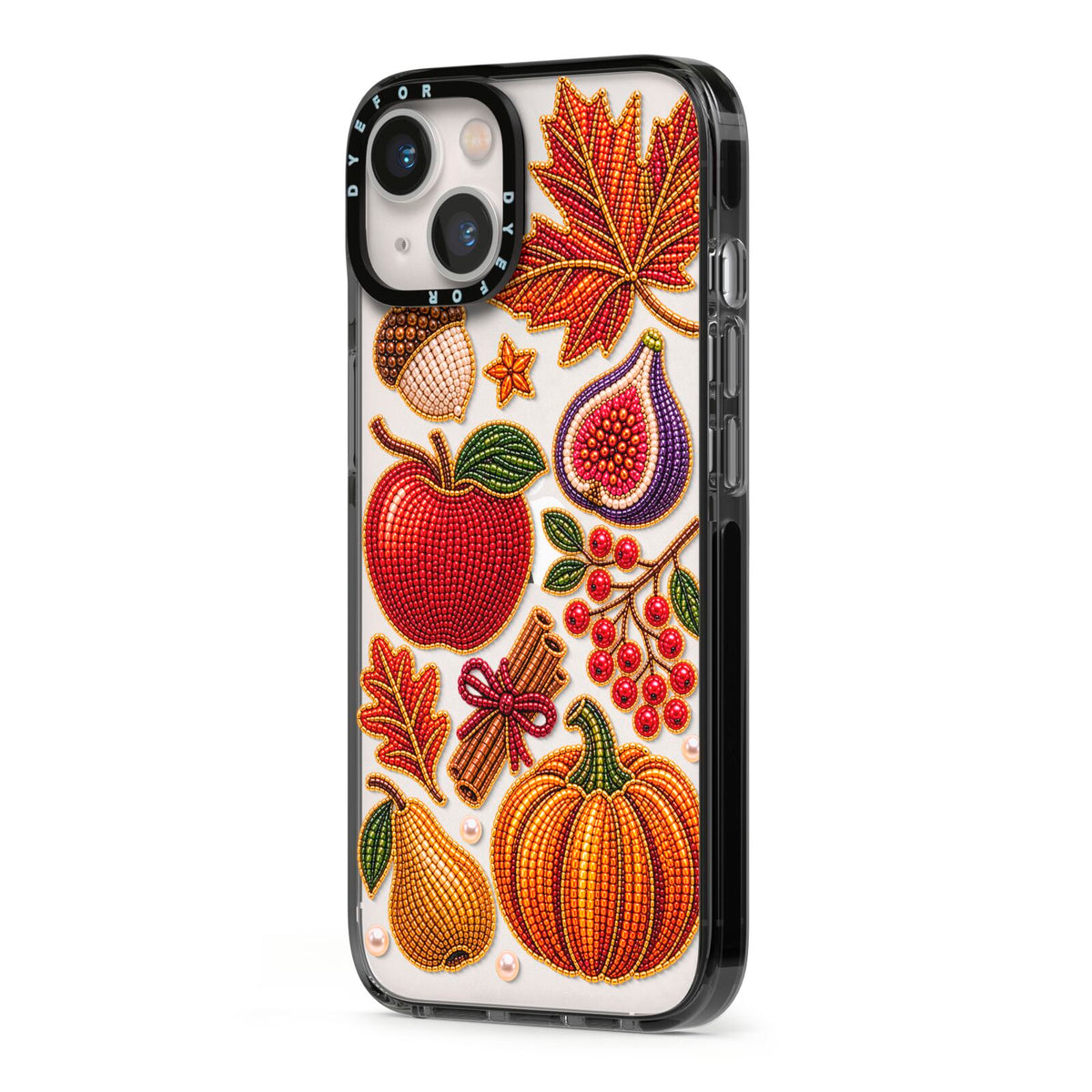 Autumn Orchard Charms iPhone 13 Black Impact Case Side Angle on Silver phone