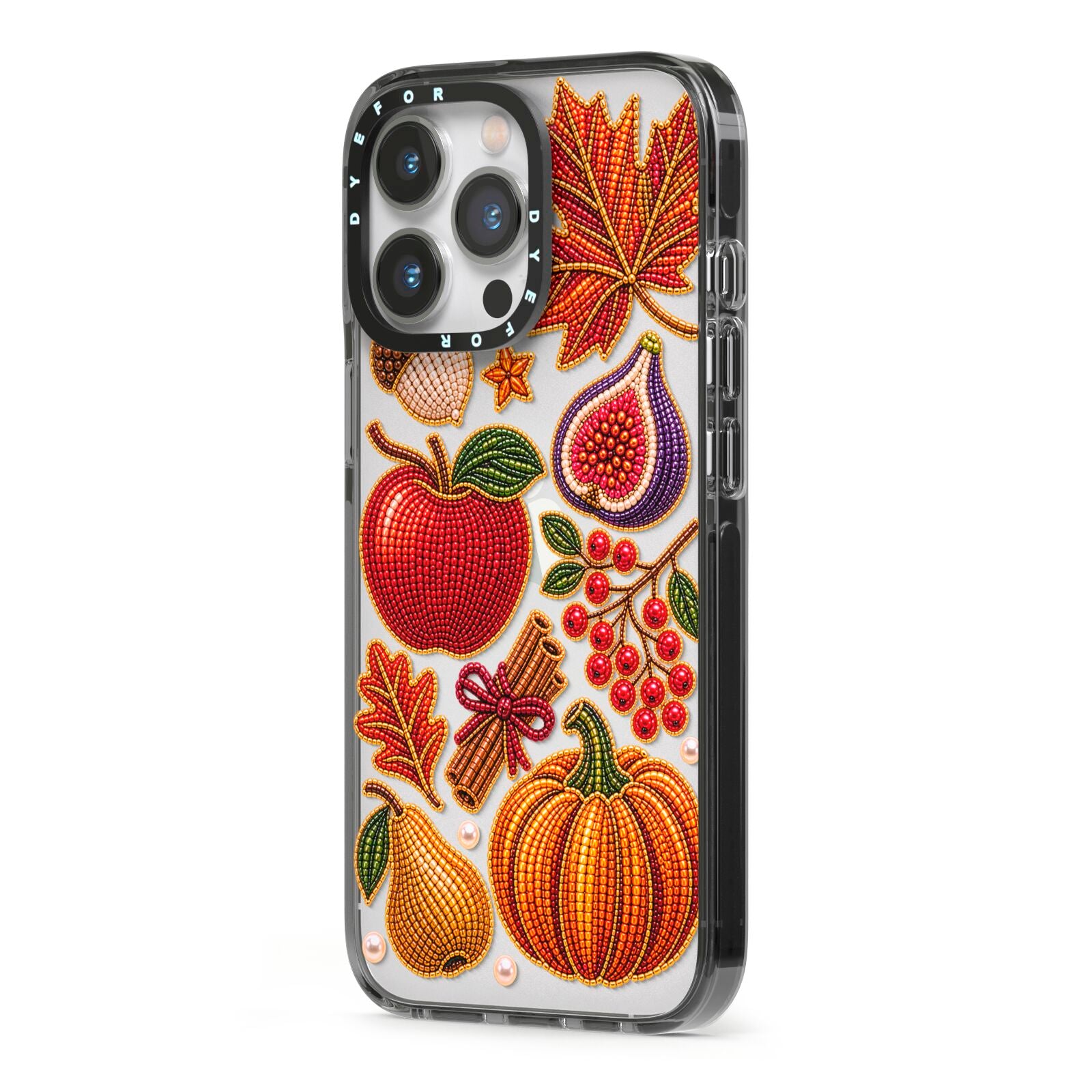 Autumn Orchard Charms iPhone 13 Pro Black Impact Case Side Angle on Silver phone