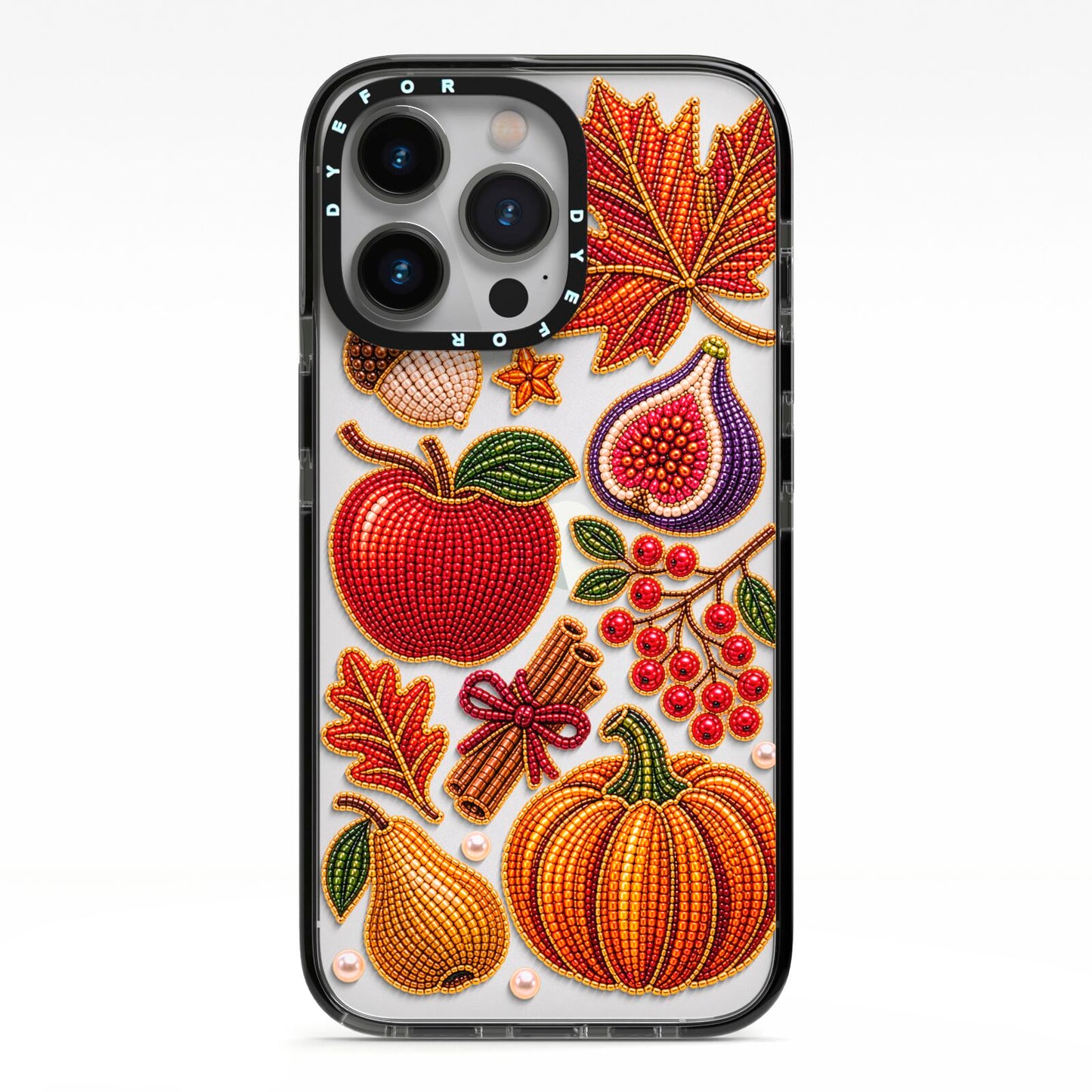 Autumn Orchard Charms iPhone 13 Pro Black Impact Case on Silver phone