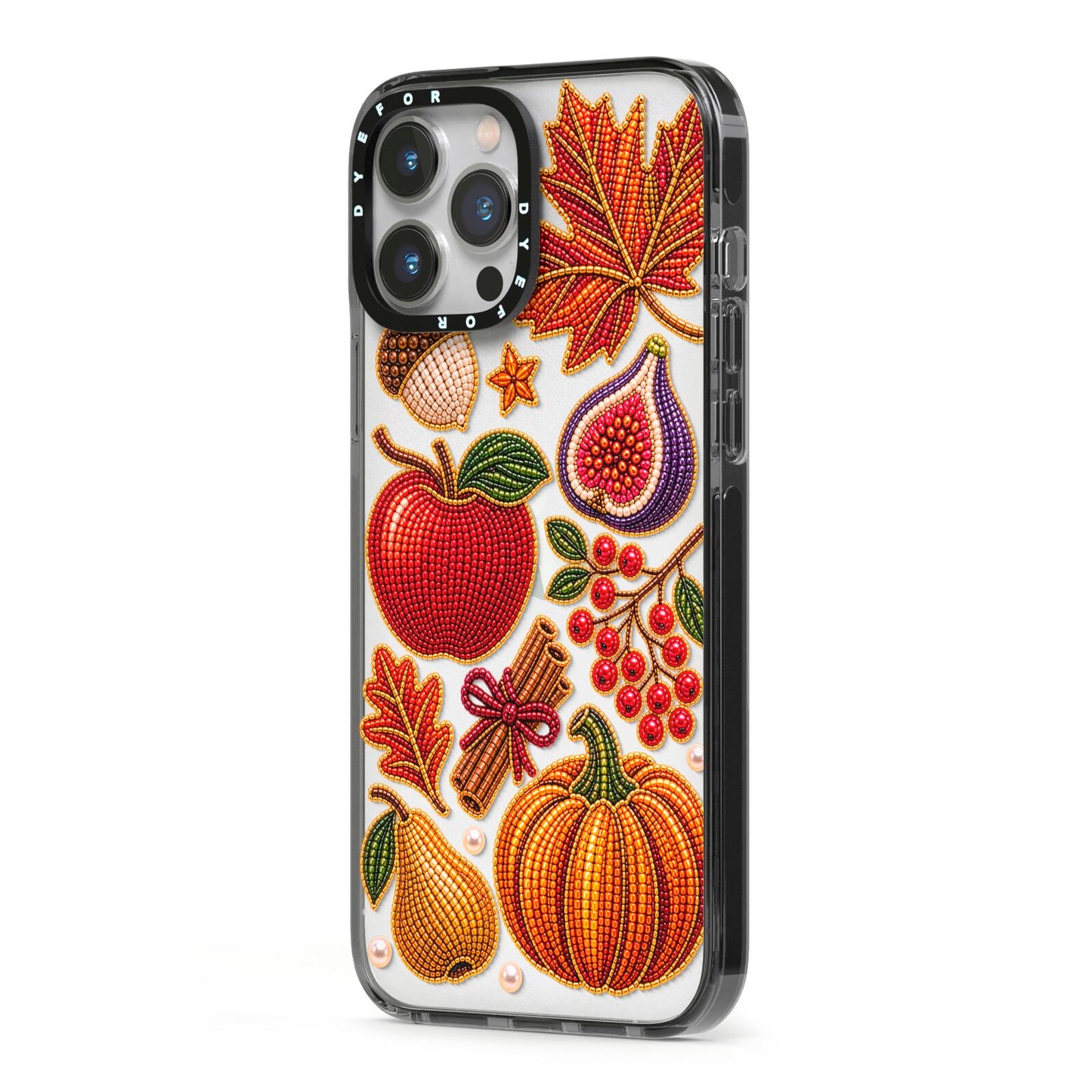 Autumn Orchard Charms iPhone 13 Pro Max Black Impact Case Side Angle on Silver phone