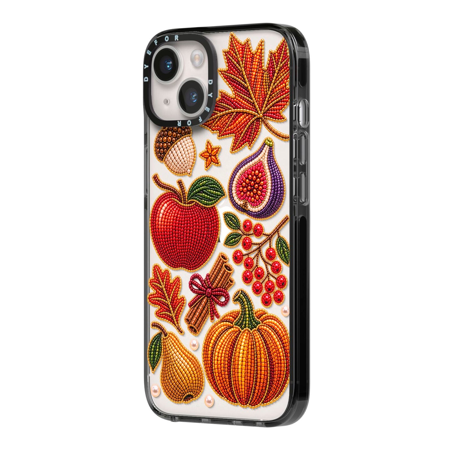 Autumn Orchard Charms iPhone 14 Black Impact Case Side Angle on Silver phone