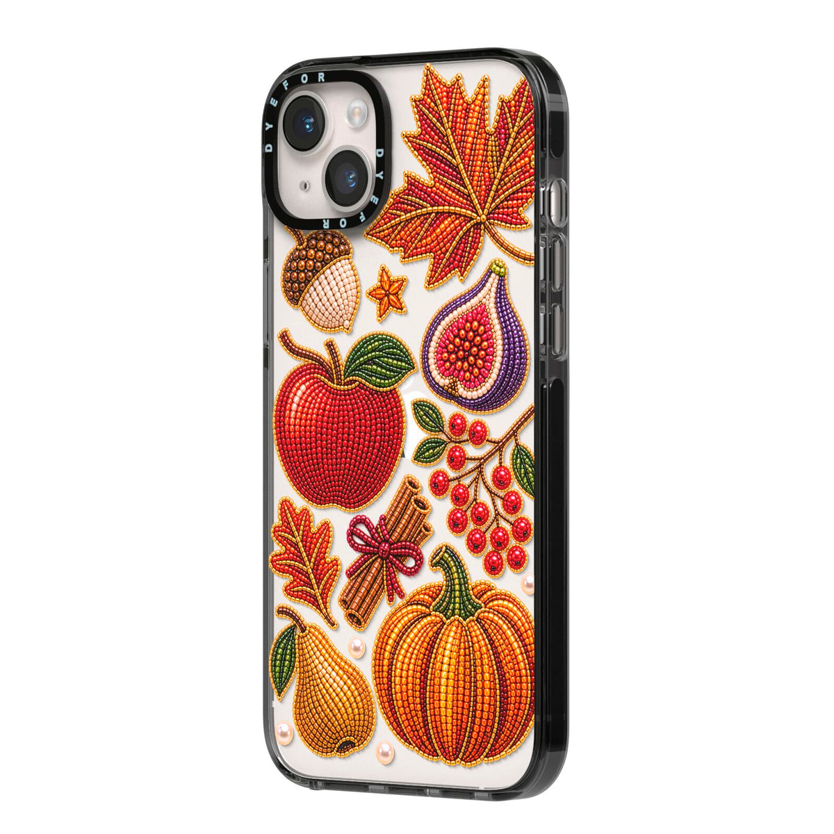 Autumn Orchard Charms iPhone 14 Plus Black Impact Case Side Angle on Silver phone