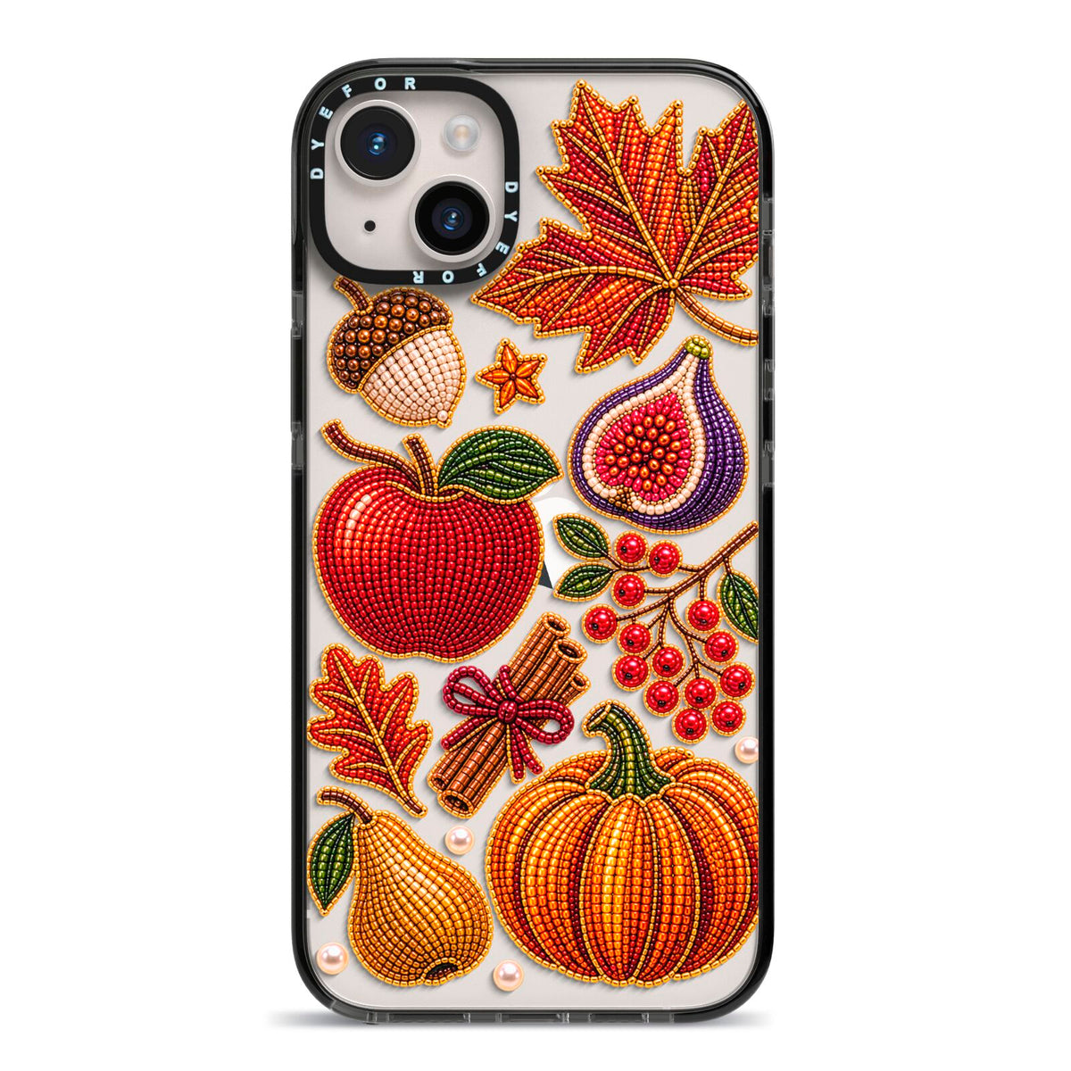 Autumn Orchard Charms iPhone 14 Plus Black Impact Case on Silver phone