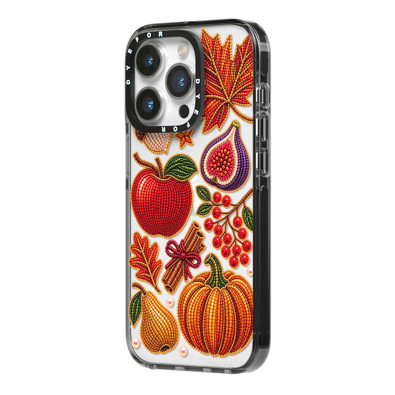 Autumn Orchard Charms iPhone 14 Pro Black Impact Case Side Angle on Silver phone