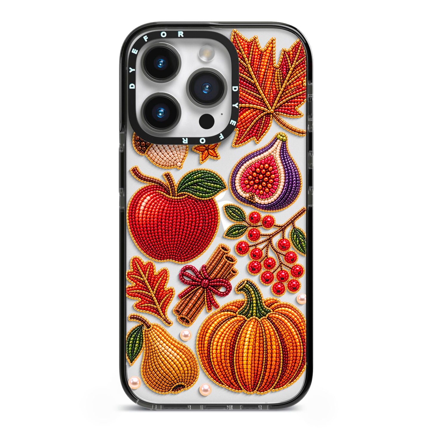 Autumn Orchard Charms iPhone 14 Pro Black Impact Case on Silver phone
