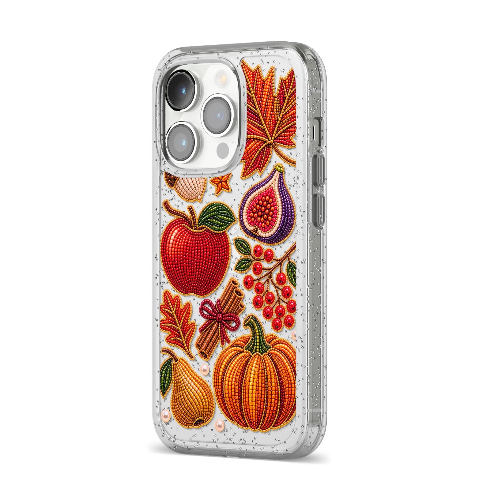 Autumn Orchard Charms iPhone 14 Pro Glitter Tough Case Silver Angled Image