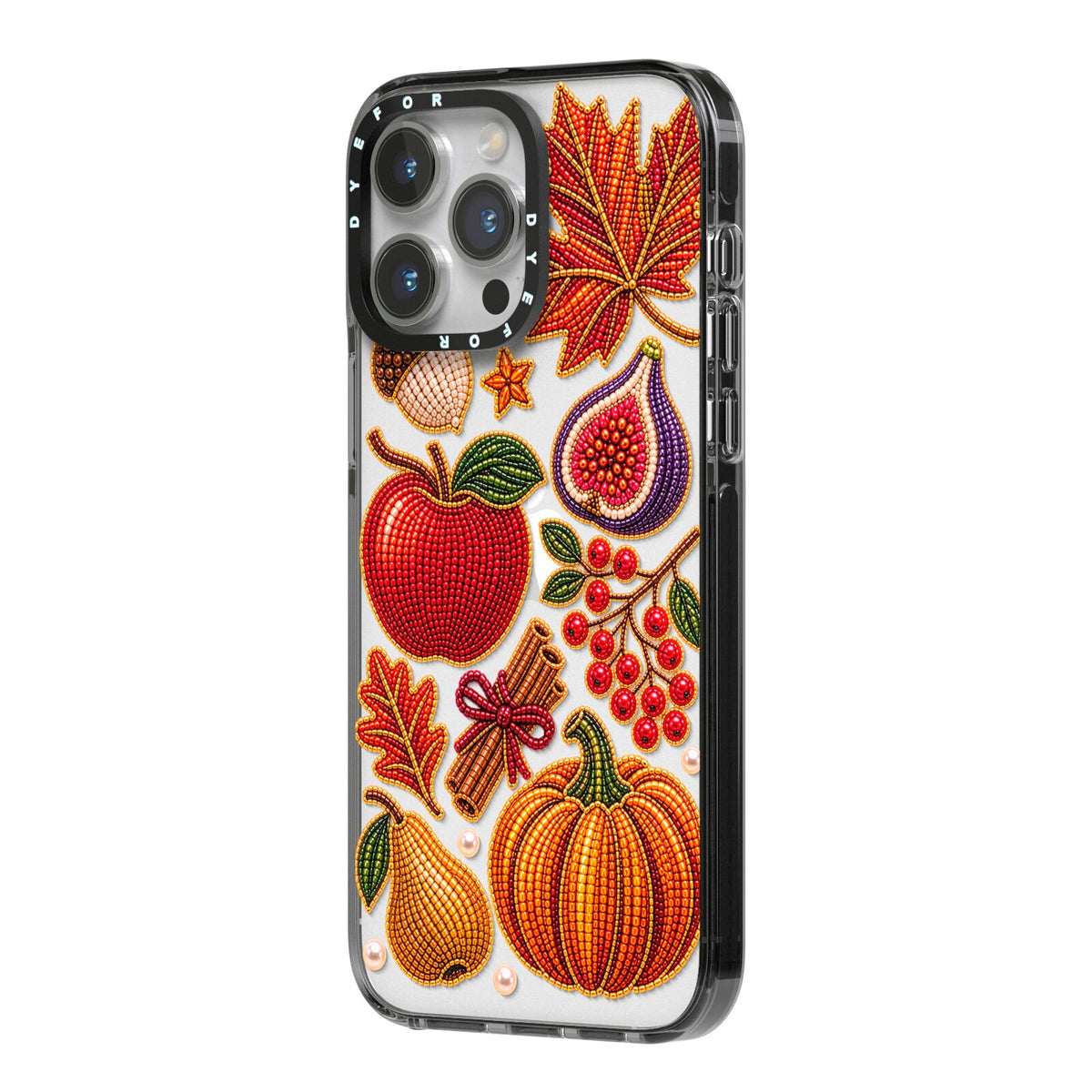 Autumn Orchard Charms iPhone 14 Pro Max Black Impact Case Side Angle on Silver phone