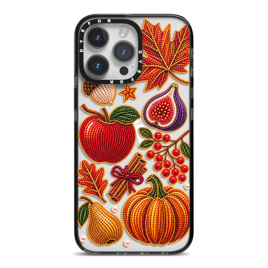 Autumn Orchard Charms iPhone 14 Pro Max Black Impact Case on Silver phone