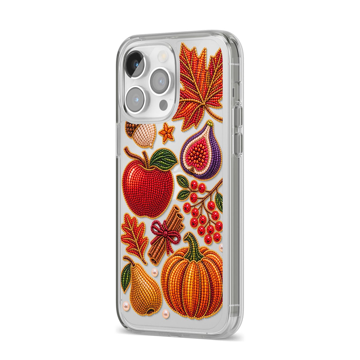 Autumn Orchard Charms iPhone 14 Pro Max Clear Tough Case Silver Angled Image