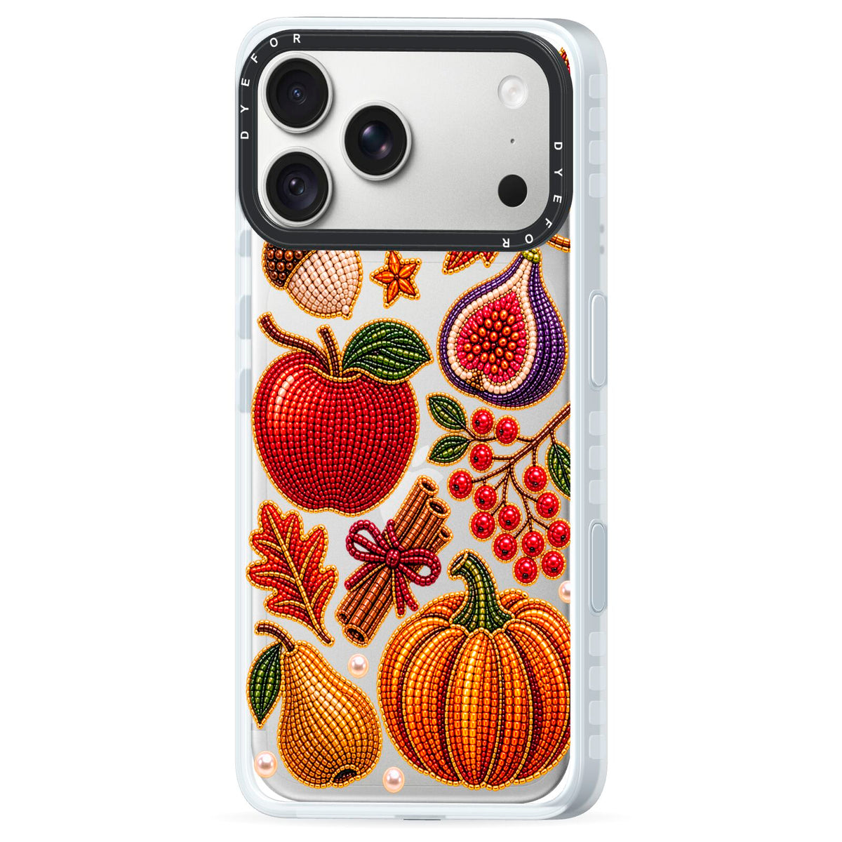 Autumn Orchard Charms iPhone 18 Pro Black Impact Pre order Case Side Angle on Silver phone