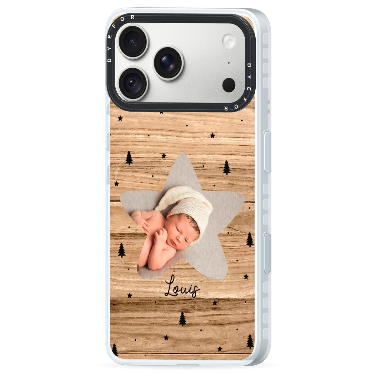 Baby Photo Upload iPhone 18 Pro Black Impact Pre order Case Side Angle on Silver phone