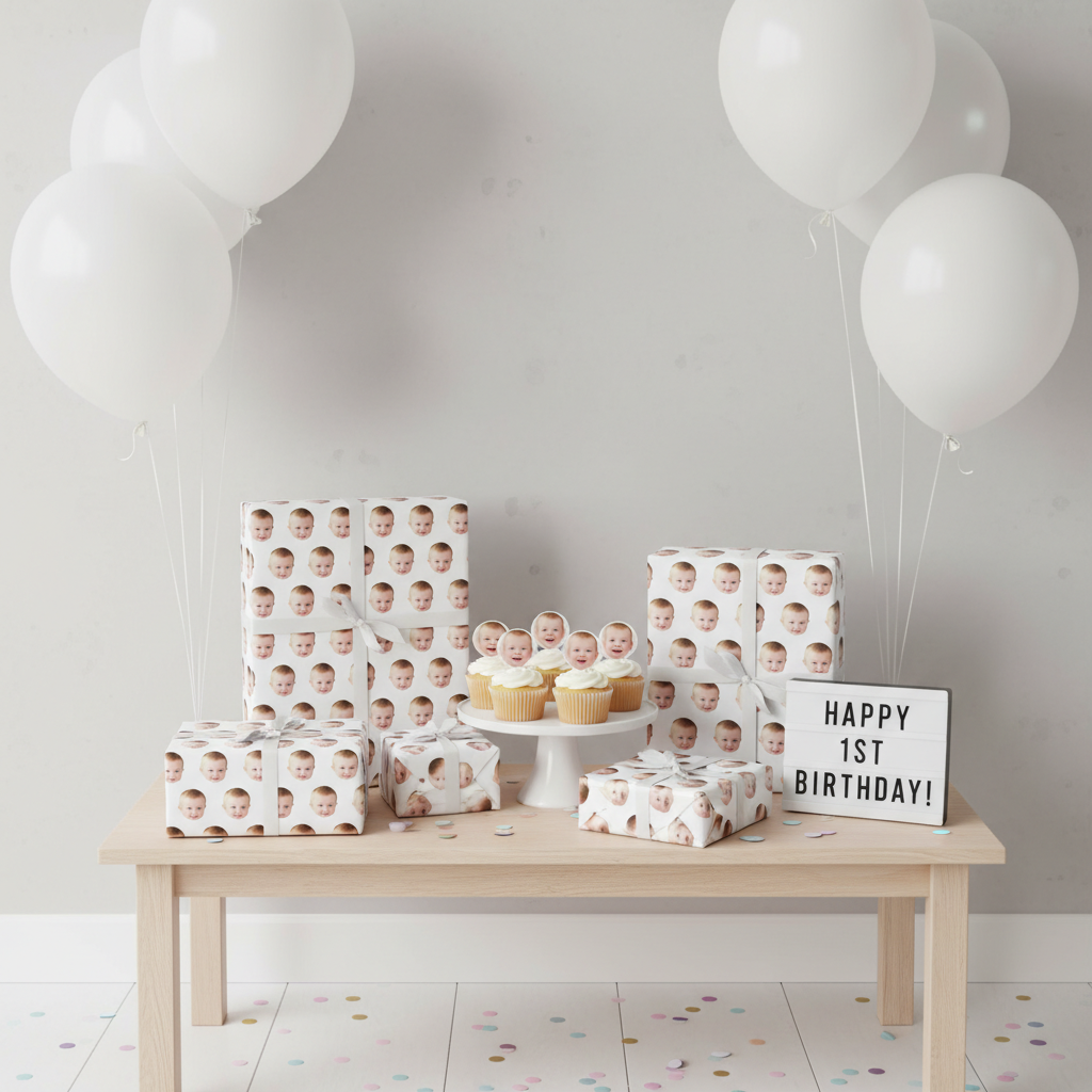 Birthday party setup with baby-themed decorations and balloons.