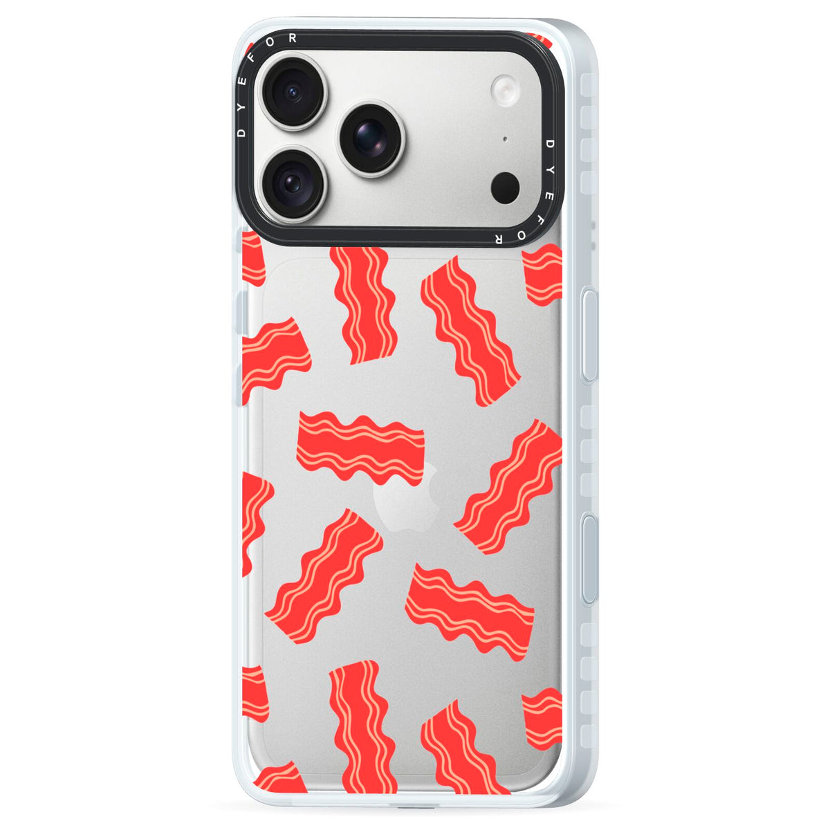 Bacon iPhone 18 Pro Black Impact Pre order Case Side Angle on Silver phone