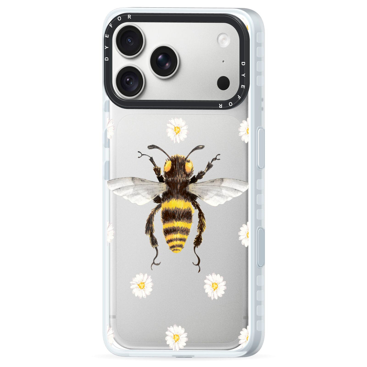 Bee Illustration with Daisies iPhone 18 Pro Black Impact Pre order Case Side Angle on Silver phone
