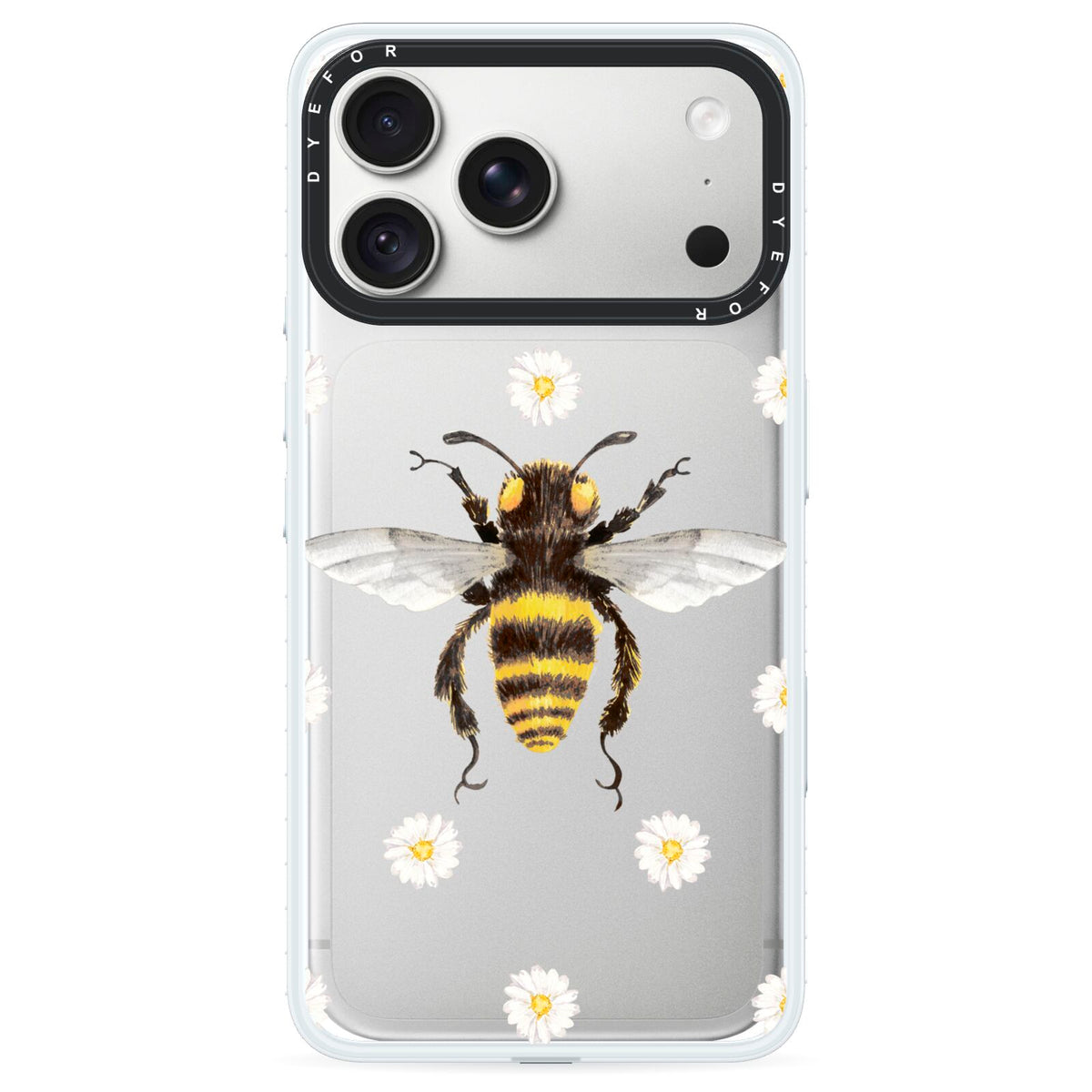Bee Illustration with Daisies iPhone 18 Pro Black Impact Pre order Case on Silver phone