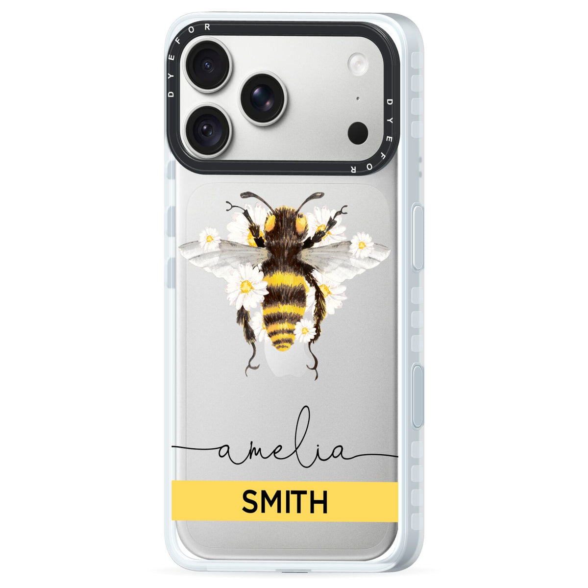 Bees Daisies Personalised Names iPhone 18 Pro Black Impact Pre order Case Side Angle on Silver phone