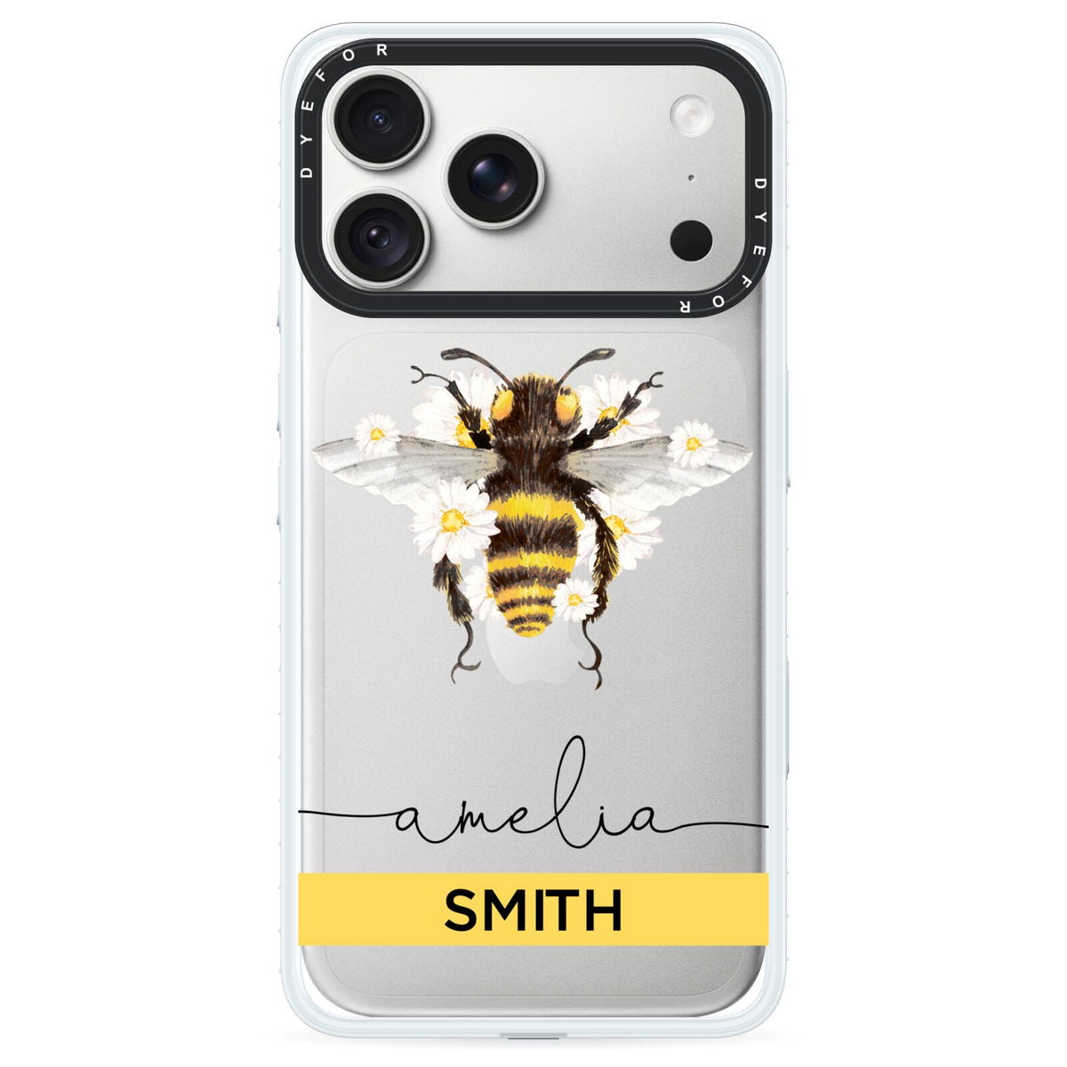 Bees Daisies Personalised Names iPhone 18 Pro Black Impact Pre order Case on Silver phone