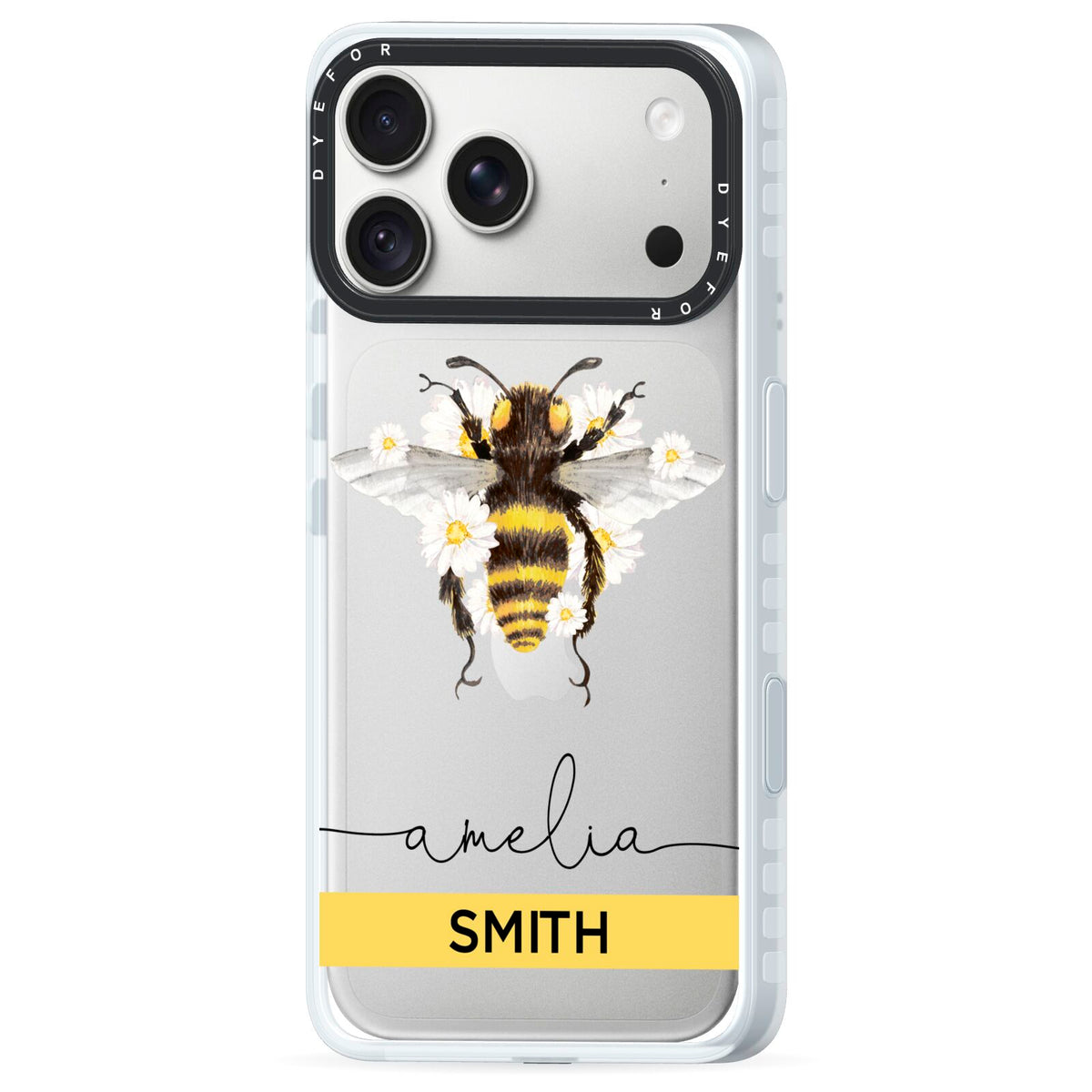 Bees Daisies Personalised Names iPhone 18 Pro Max Black Impact Pre order Case Side Angle on Silver phone
