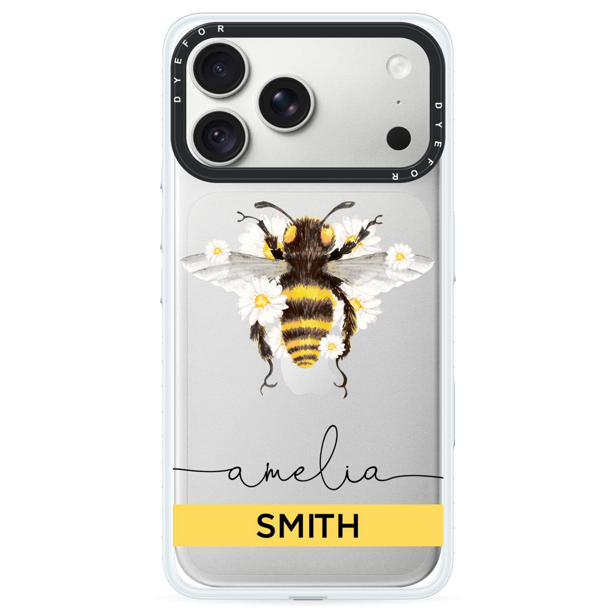 Bees Daisies Personalised Names iPhone 18 Pro Max Black Impact Pre order Case on Silver phone