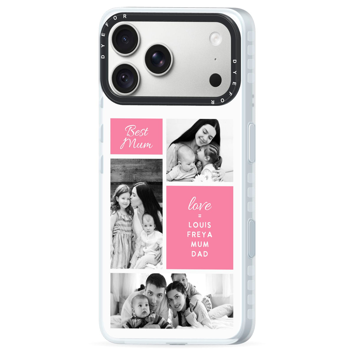 Best Mum Photo Collage Personalised iPhone 18 Pro Black Impact Pre order Case Side Angle on Silver phone