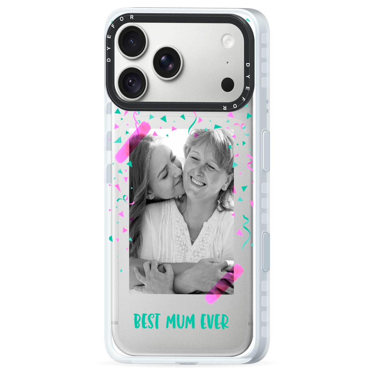 Best Mum Photo Upload Mothers Day iPhone 18 Pro Black Impact Pre order Case Side Angle on Silver phone