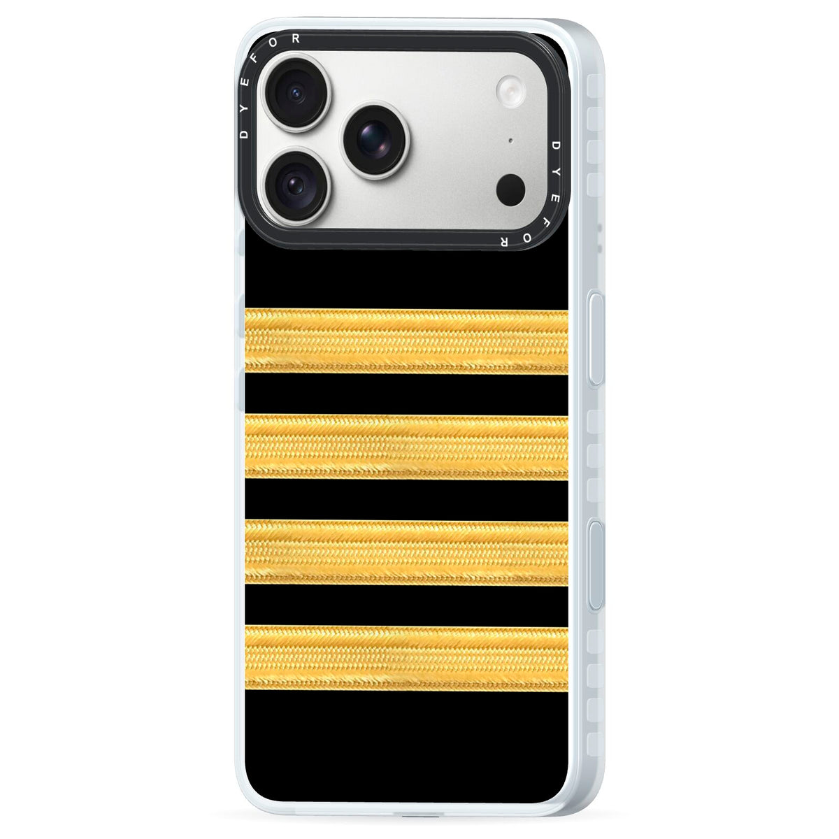 Black Gold Pilot Stripes iPhone 18 Pro Black Impact Pre order Case Side Angle on Silver phone