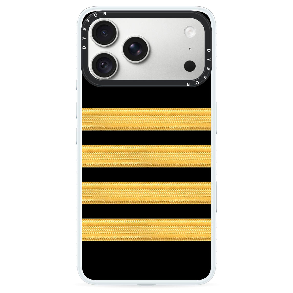 Black Gold Pilot Stripes iPhone 18 Pro Black Impact Pre order Case on Silver phone