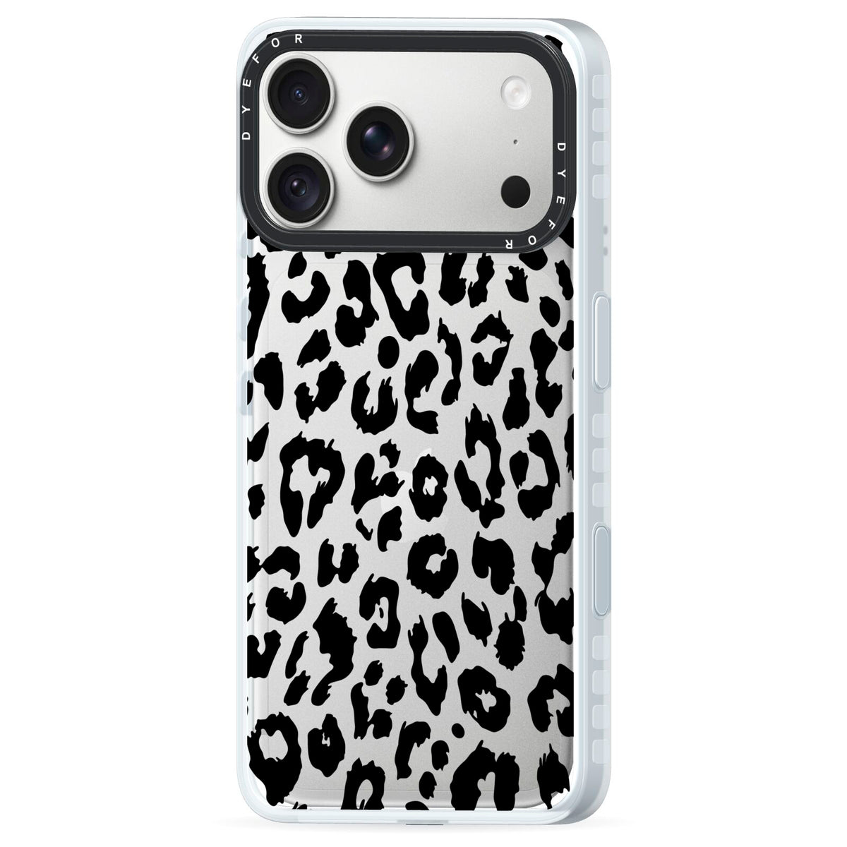 Black Leopard Print iPhone 18 Pro Black Impact Pre order Case Side Angle on Silver phone