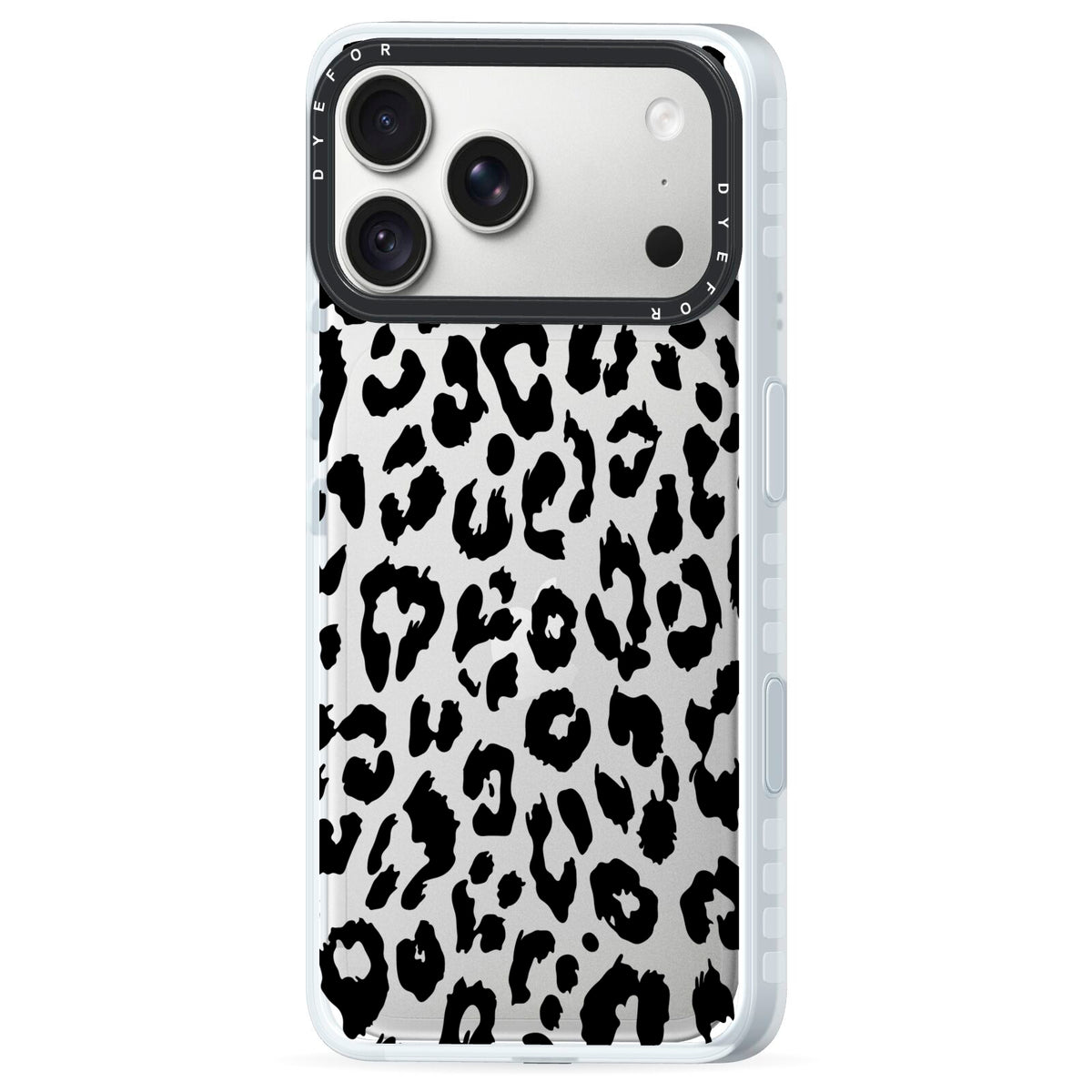 Black Leopard Print iPhone 18 Pro Max Black Impact Pre order Case Side Angle on Silver phone