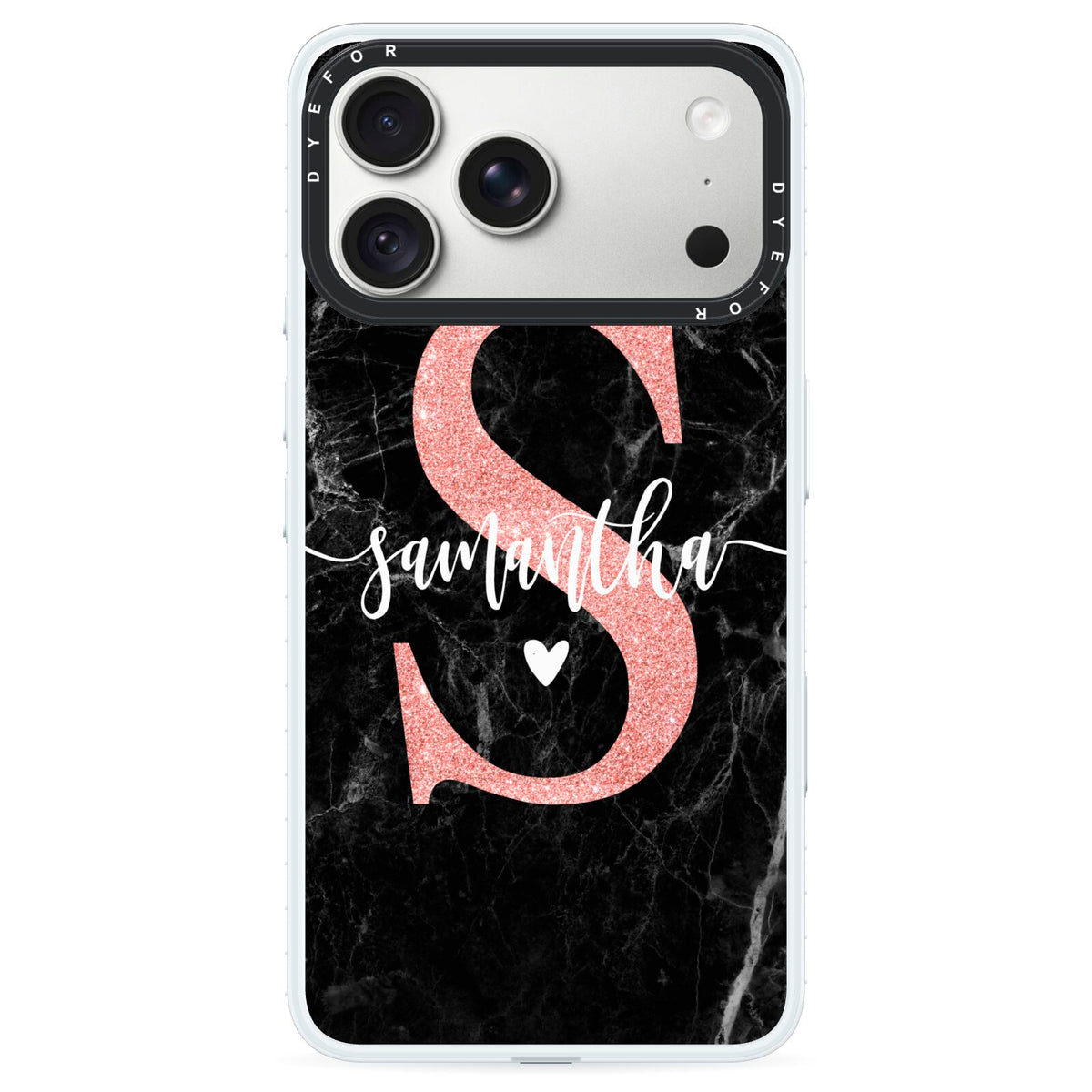 Black Marble Personalised Glitter Initial Name iPhone 18 Pro Black Impact Pre order Case on Silver phone